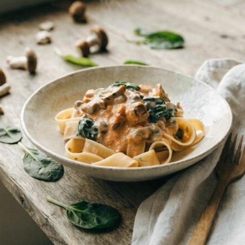 Champignon Stroganoff met spinazie