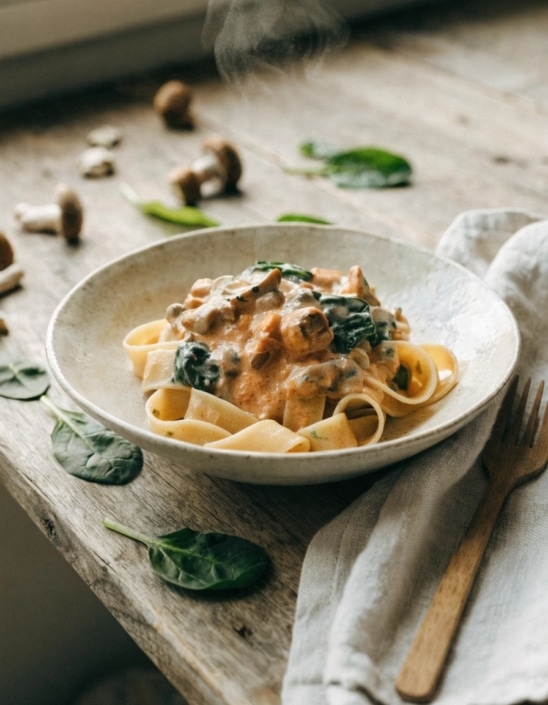 Champignon Stroganoff met spinazie