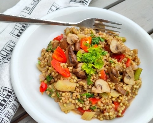 Boekweit risotto met venkel, paprika en champignons