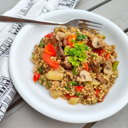 Boekweit-risotto-met-venkel-paprika-en-champignons-recept Boekweit risotto met venkel, paprika en champignons