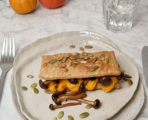 hartige tompouce met pompoen en beukenzwammetjes