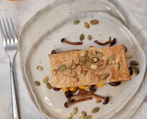 hartige tompouce met pompoen en beukenzwammetjes