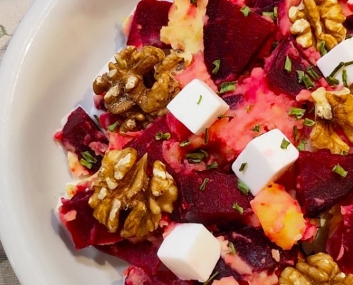 Bietenstamppot met walnoten