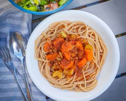dierlijke eiwitten vervangen pasta bolognese met linzen
